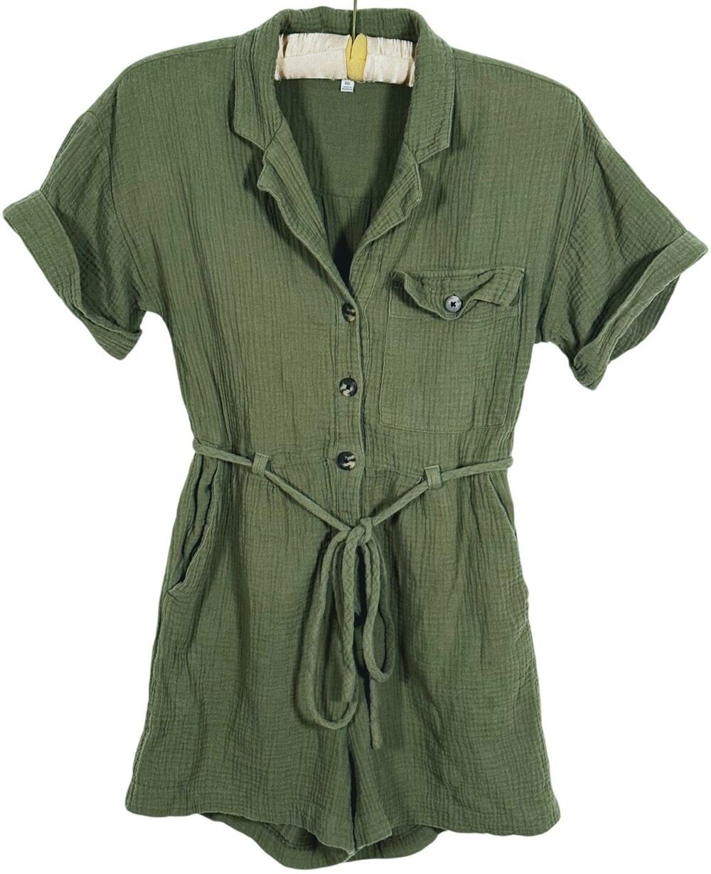 Madewell Womens Gauze Belted Romper Cotton XXS Green Utility Fall Boho Preppy